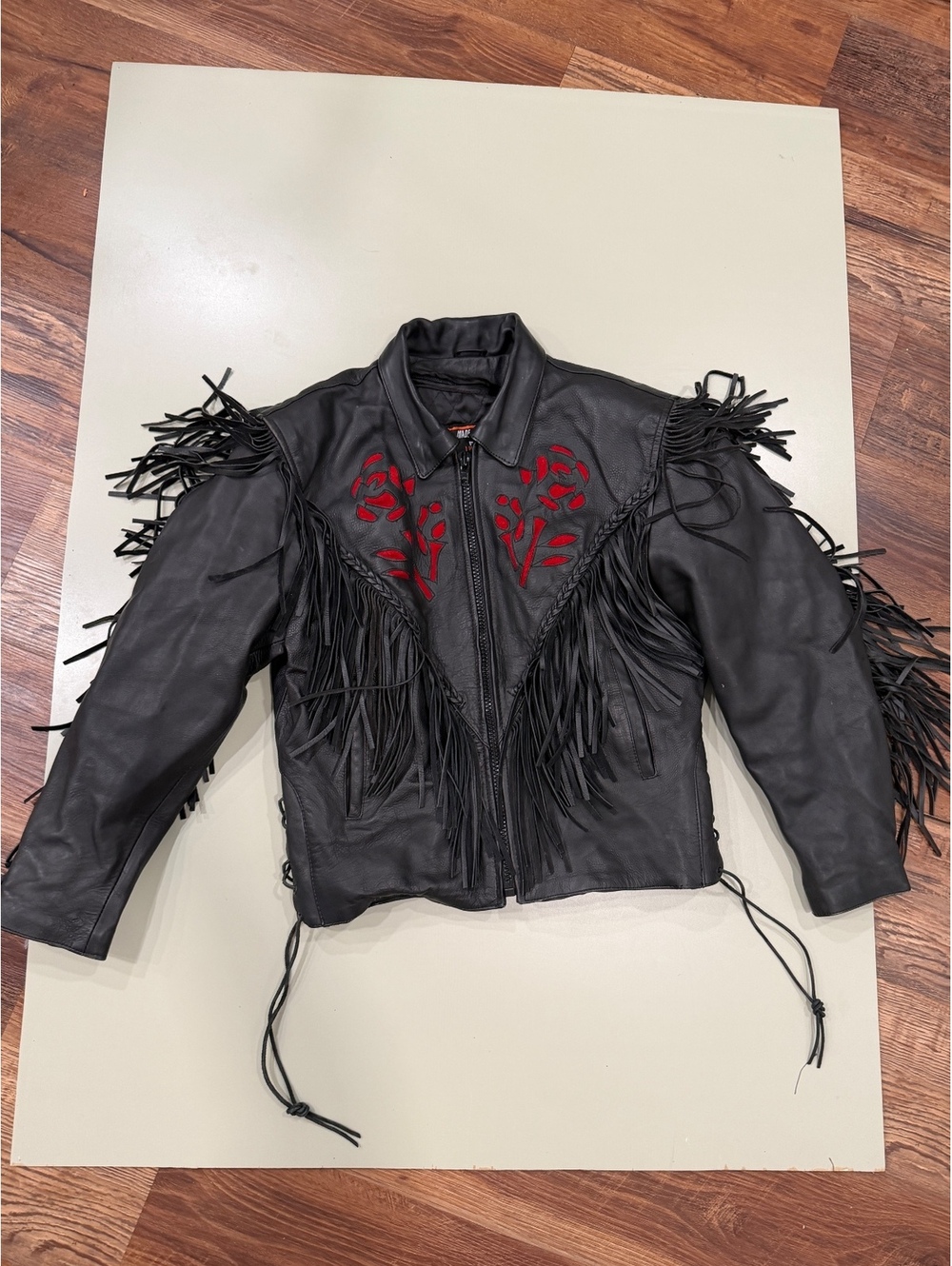 Black Leather Fringe Jacket with Red Rose Embroidery